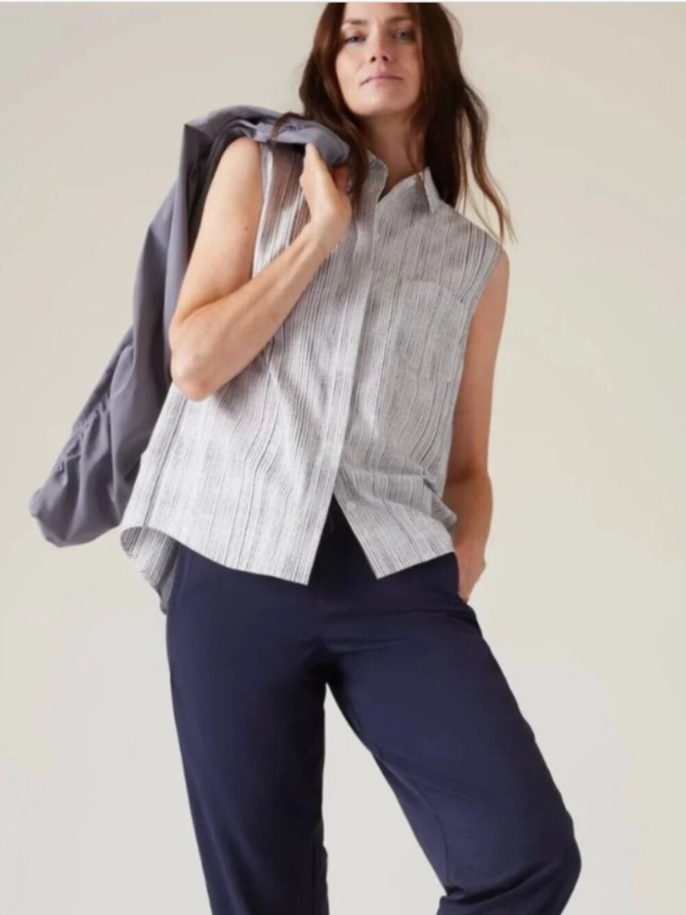 Like New! ATHLETA Everlasting Tank Amara Stripe Botton Down in Size M